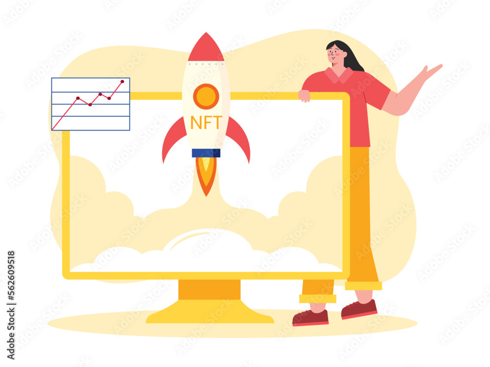 Vector illustration concept of NFT with character. Business presentation. Financial management concept.