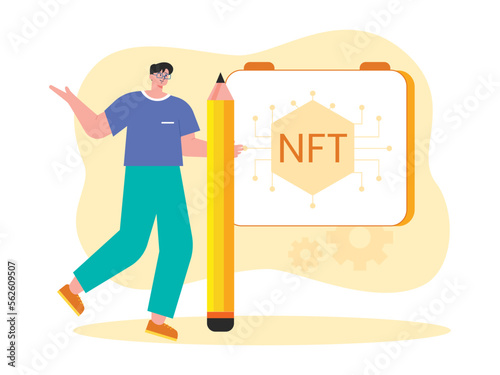 A man draws a unique collection used in the NFT business. Pencil and screen illustration. Non Fungible token. NFT blockchain finance project