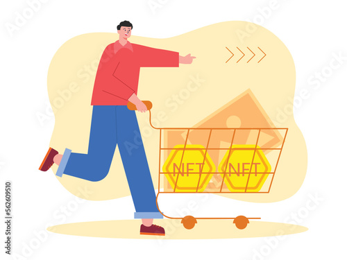 The character is pushing a trolley filled with NFT and pictures. The concept of investment and earnings on NFT.