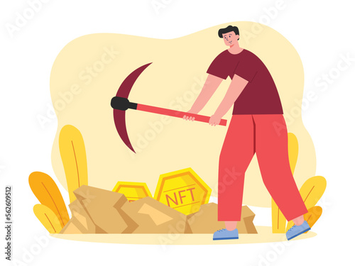 Character using a pickaxe to mine Bitcoins. Future of NFT as a digital business. Example of a young man digging.