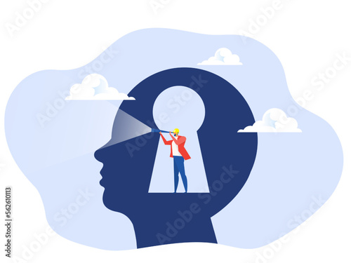 Business vision concept, businessman using telescope to look into the distance Self-discovery , Positive Psychology and Self Awareness
