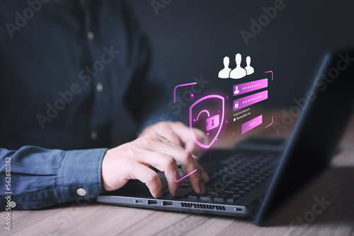 Man login with fingerprint scanning technology in the computer. Secure encryption and access to the user's private information to access the Internet