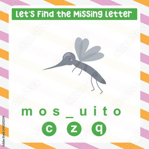 Find the missing letter mosquito worksheet for kids learning insects in English. Educational alphabetic game. Printable worksheet for preschool.  Spelling and writing practise page for children. 