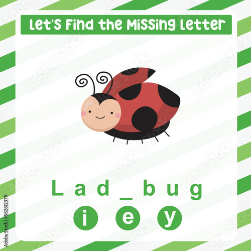 Find the missing letter cute ladybug worksheet for kids learning insects in English. Educational alphabetic game. Printable worksheet for preschool.  Spelling and writing practise page for children. 