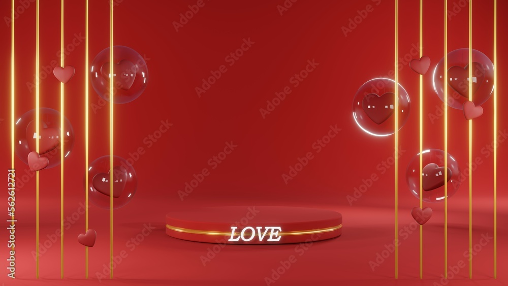 Fototapeta premium 3D rendering of red podium for Valentine products on Valentine's Day.