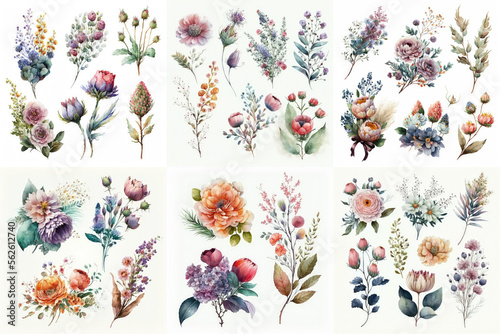 Fototapeta Naklejka Na Ścianę i Meble -  Large collection of flowers bouquets on white background, watercolor illustration made with Generative AI