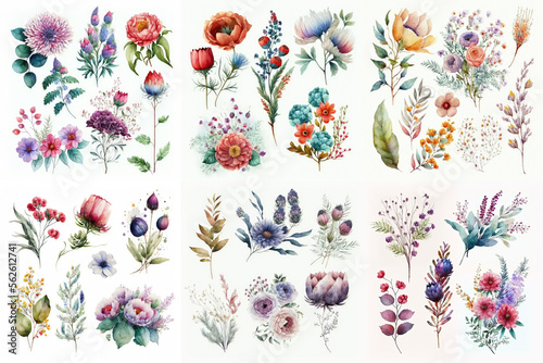 Large collection of flowers bouquets on white background, watercolor illustration made with Generative AI