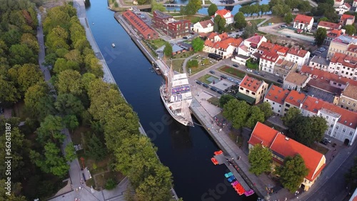 AERIAL Orbiting Shot of the Ship Meridianas in Klaipeda, Lithuania photo