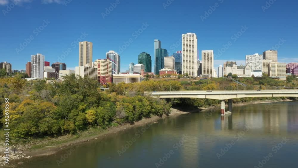 Daytime aerial drone view of downtown Edmonton and the North Saskatchewan River during autumn fall taken from Rossdale area. Other features include James Macdonald Bridge and Low Level Bridge Daytime aerial drone view of downtown Edmonton and the North Saskatchewan River during autumn fall taken from Rossdale area. Other features include James Macdonald Bridge and Low Level Bridge