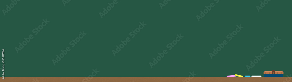 Obraz premium 何も書かれていない横に長い緑色の黒板とチョークと黒板消しのイラスト - ワイドサイズの背景 