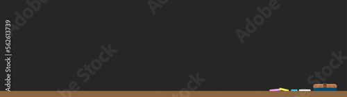 何も書かれていない横に長い黒い黒板とチョークと黒板消しのイラスト - ワイドサイズの背景
