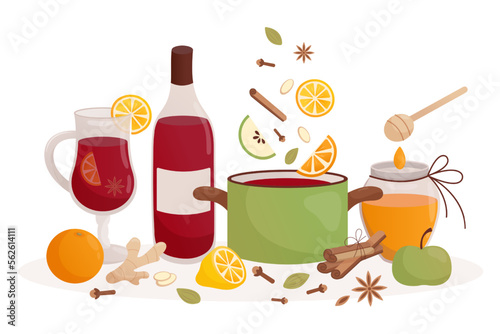 Preparation of mulled wine. All ingredients for mulled wine. Flat cartoon illustration