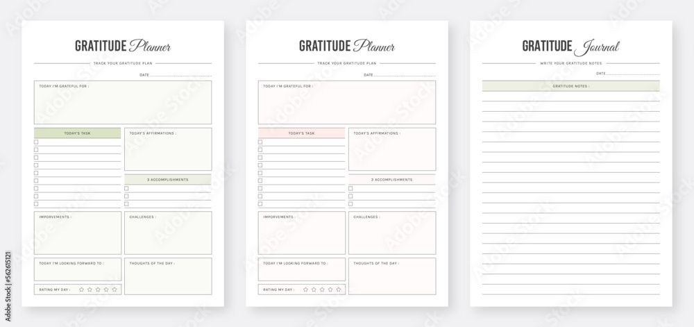 Gratitude Planner Template Design. Simple Gratitude Journal. Daily Gratitude Planner Design. Mindfulness Journal Template. Self Care Planner. Printable Gratitude Journal. Kdp interior planner template - obrazy, fototapety, plakaty 