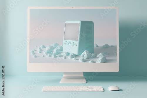 Comfortable and minimal home working desk in sky blue and teal with pink pastel tones, cozy remote interior workdesk with computer screen laptop. Digital illustration created with Generative AI.