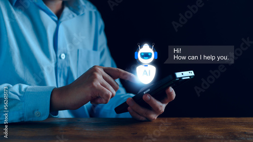 ChatGPT Chat concept AI, Artificial Intelligence. businessman using technology smart robot AI, enter command prompt, contact for business information analysis, Futuristic technology transformation. photo