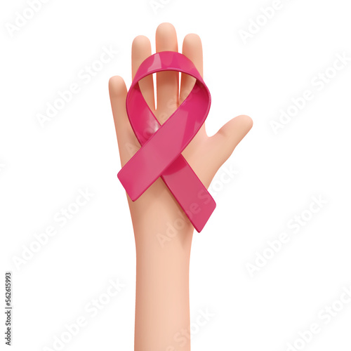 3d hand holding red ribbon. World Cancer Day concept, February 4. Raise awareness, prevention, detection, treatment. Icon design for poster and banner. Vector illustration isolated on white background