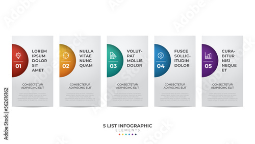 5 option of steps infographic element template, horizontal layout diagram with number of sequence, colorful and modern style slide background