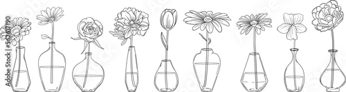 繊細な線画の花を生けた一輪挿しの花瓶セット　ベクター素材