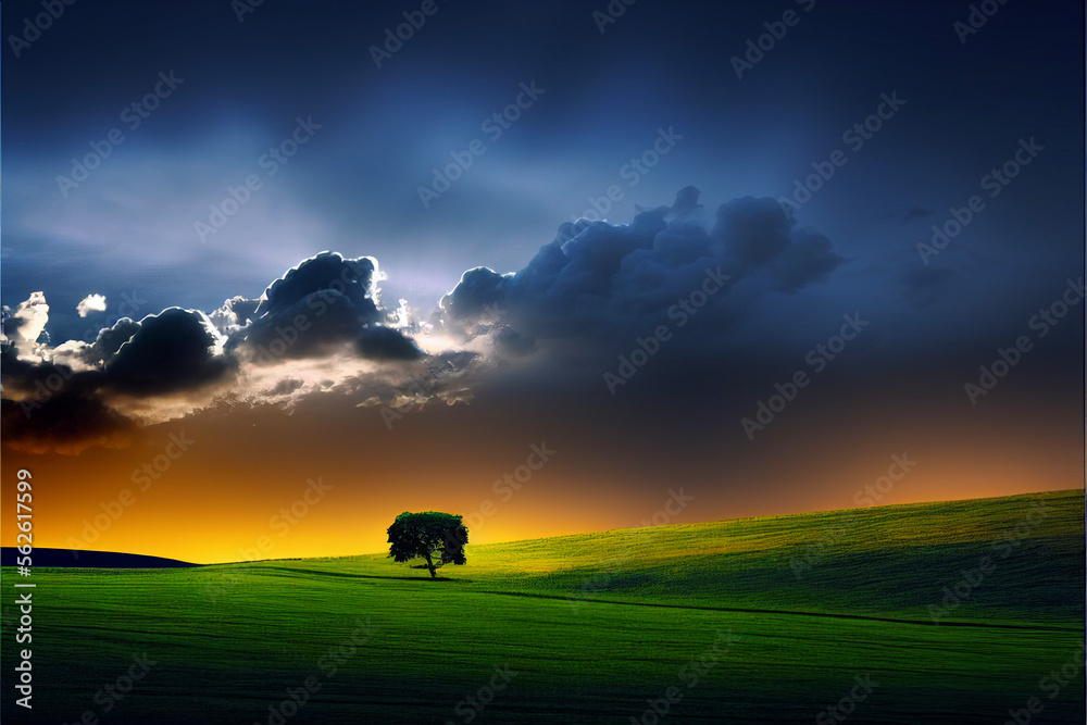 tree in a field at sunset