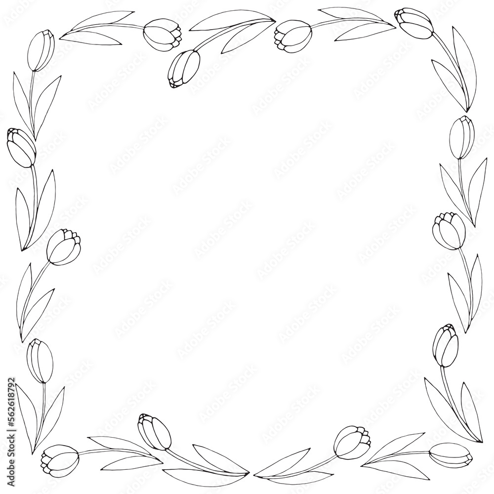 Vector round frame, wreath from outline tulips. Spring flowers. Hand drawn doodle isolated. Background, border, decoration for greeting card, Valentine's, Women's or Mother day.