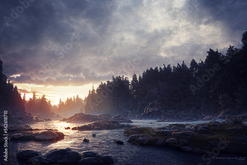 A river with rocks surrounded by pine trees with glowing sunset on horizon