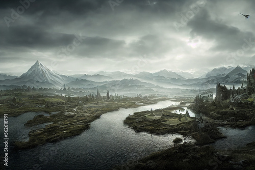 A river surrounded by ruins of earlier civilization fantasy concept art