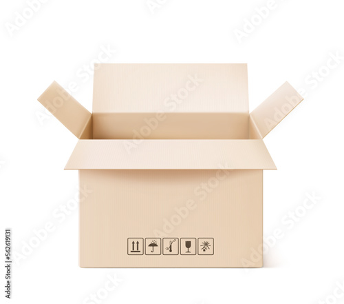 Open realistic kraft cardboard packaging box mockup. Vector illustration on white background.  Ready for your design. EPS10.	