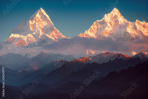Amazing mountains rising tall in sunrise fantasy landscape