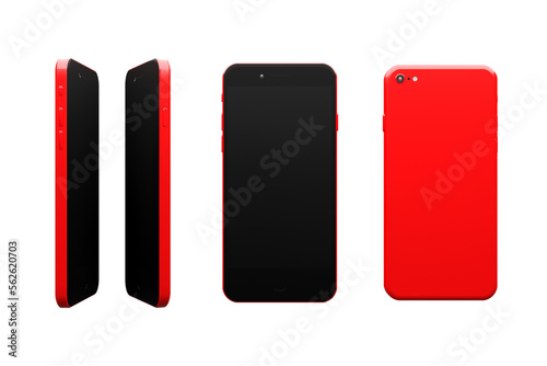 Black screen, red front, back, and side of a 3D mobile phone