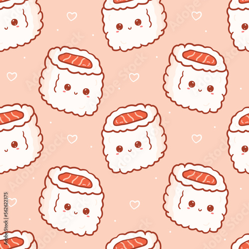 Kawaii seamless pattern with sushi roll with happy face. Cute print asian food in cartoon style for phone case, backgrounds, fashion, wrapping paper and textile. Vector Illustration