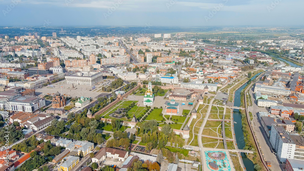 Tula, Russia. Tula Kremlin. Cathedral of the Assumption of the Blessed Virgin in the Tula Kremlin. General panorama of the city from the air, Aerial View