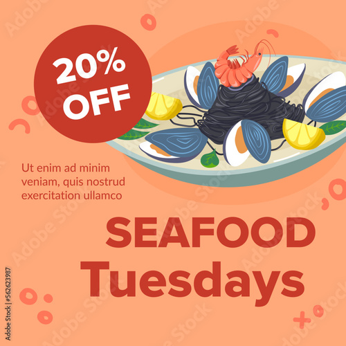 Seafood tuesdays, mussels and lemon banner vector