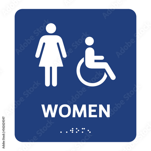 Women restroom sign design with Braille. Isolated vector label for toilet 