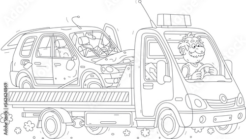 Funny driver in a breakdown truck carrying a broken car after a road traffic accident to a service center to repair, black and white outline vector cartoon illustration for a coloring book