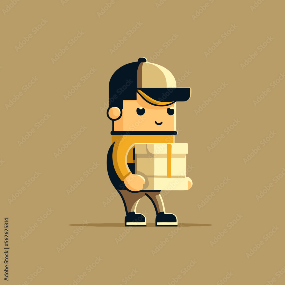 delivery man holding box package wearing uniform and cap vector illustration