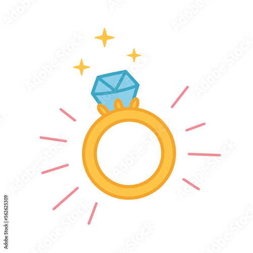 Ring With Diamond Icon, engagement and wedding ring illustration. Line art design, Vector flat illustration, doodle style. Valentines day illustration.