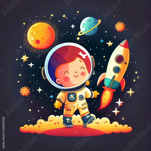 little boy astronaut with stars and sun or moon and rocket in cosmos created with generative AI