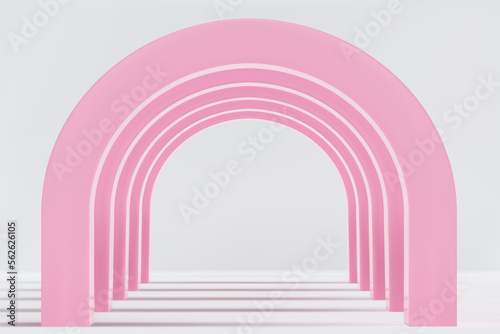 Empty corridor of several pink round arches in perspective with white floor and shadows. Minimal background. Abstract architecture. Vector illustration of archway. Inside interior