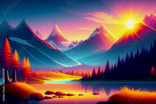 beautiful sunset landscape with mountains