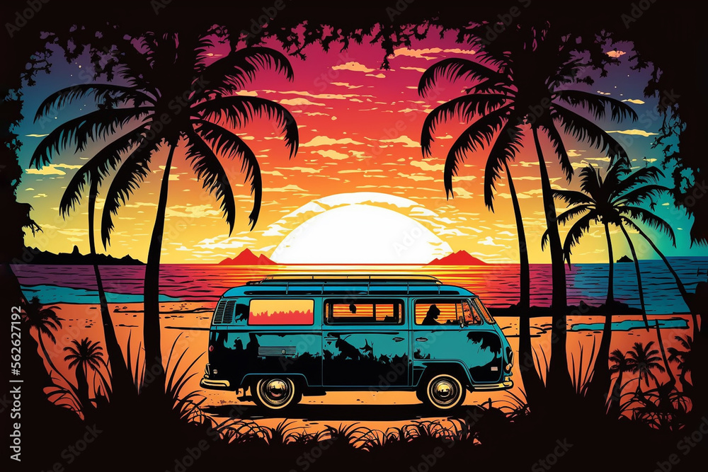 Funky vintage van, palm trees and the sea. Hippie poster background with sunset. Generative ai.