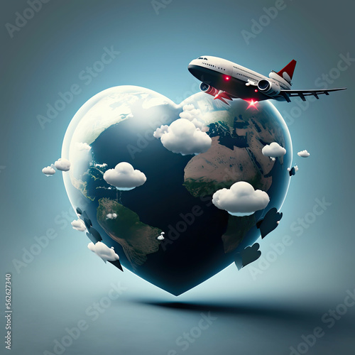 Plane traveling over a heart shaped Golbe for Honeymoon Romance travel concept, Generative AI photo