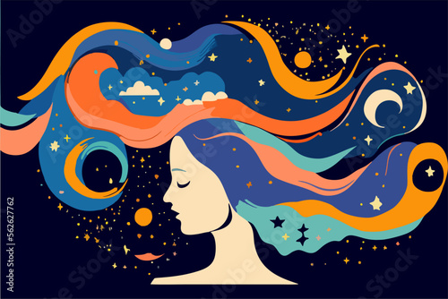 Girl with space dreams. Women with the universe of starry night in their hair. Concept in flat color graphic. Vector illustration