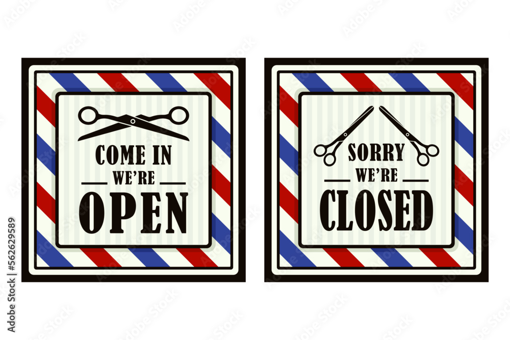 Fototapeta premium Open and closed signs barbershop banner design collection