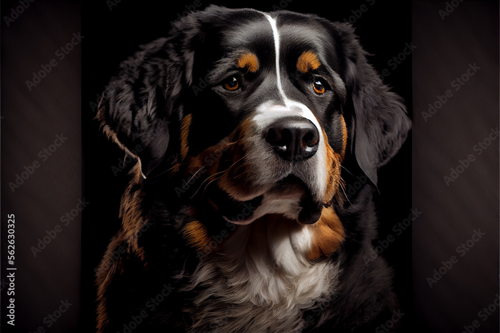 Portrait of a bernese mountain dog on a black background. generative ai