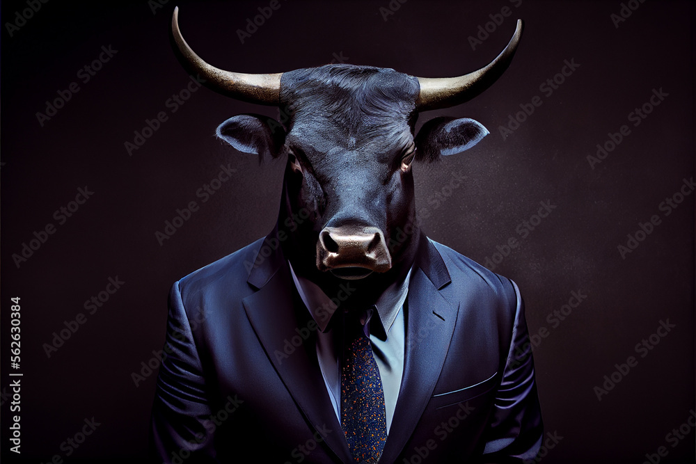 Portrait of a bull wearing a suite on a black background. generative ai Portrait of a bull wearing a suite on a black background. generative ai