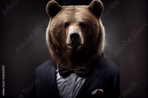 Portrait of a bear wearing a suite on a black background. generative ai
