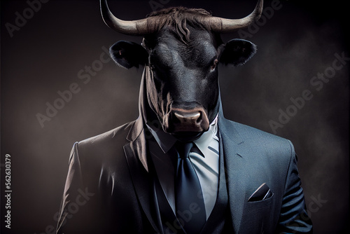 Portrait of a bull wearing a suite on a black background. generative ai