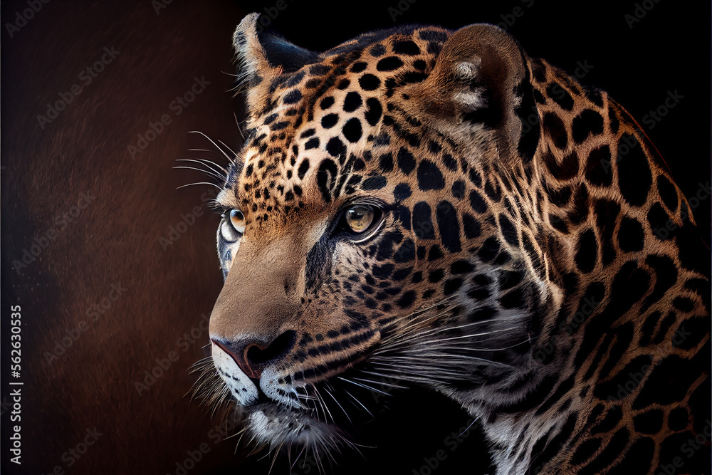 Obraz premium Portrait of a jaguar on a black background. generative ai