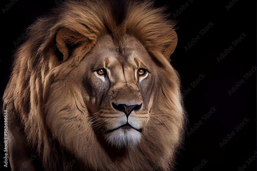 Portrait of a lion on a black background. generative ai