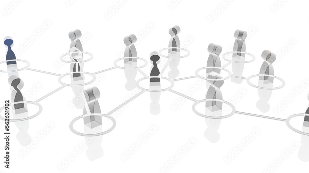Obraz premium Chain of X-ray human figurines connected by black lines under orange lighting. Cooperation and interaction between people and employees. Dissemination of information in society, rumors. 3D CG.